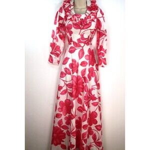 Vintage Handmade Floral Ruffle Maxi Dress Long Sleeve Pink White Fusia Small